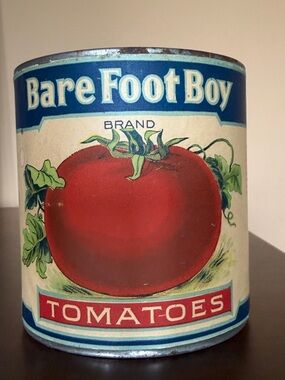 Vintage Bare Foot Boy Vintage Tomato Tin - Red & Blue Paper Label